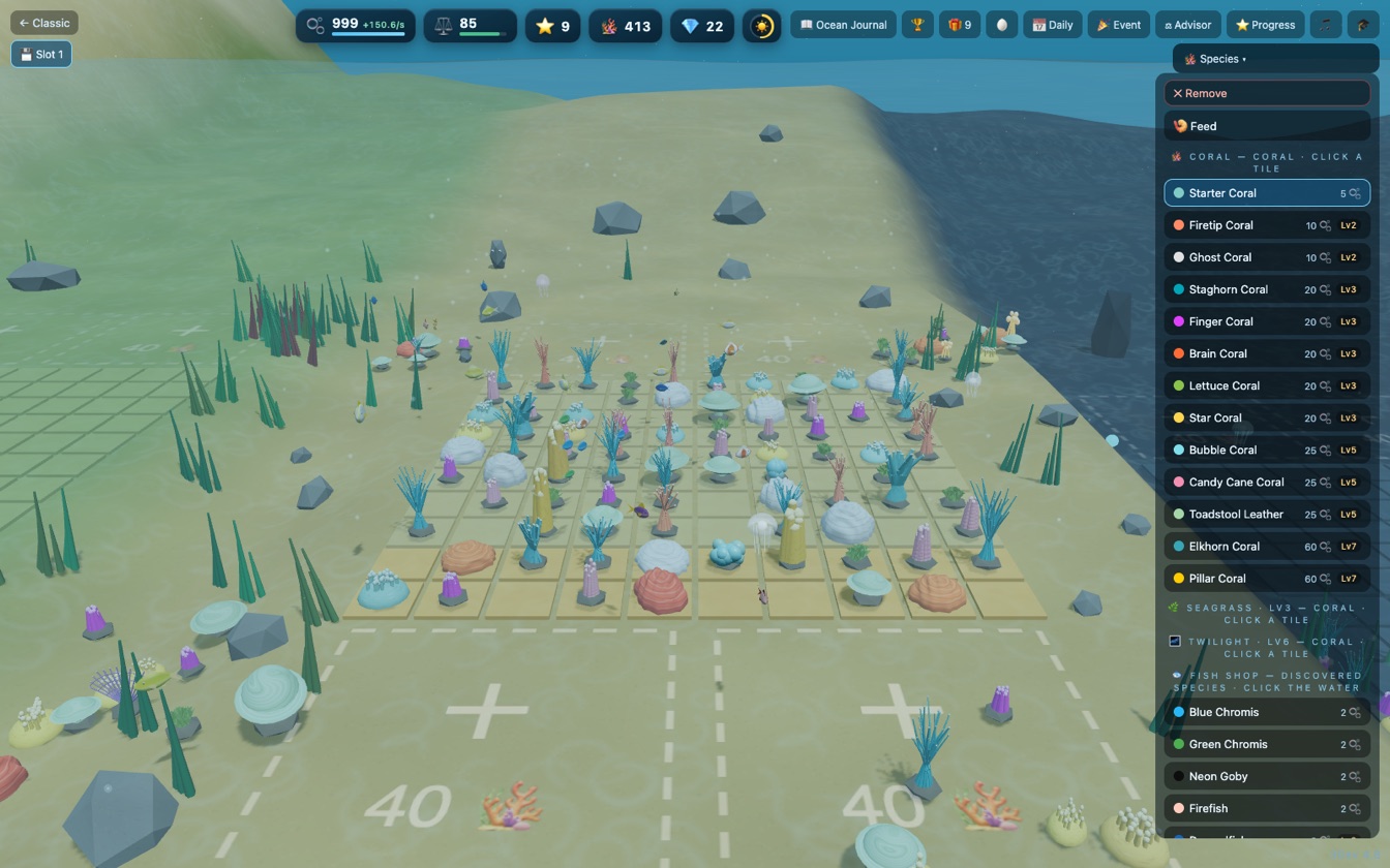 Reef Bloom 3D edition: a low-poly lagoon with a full grid of coral and fish