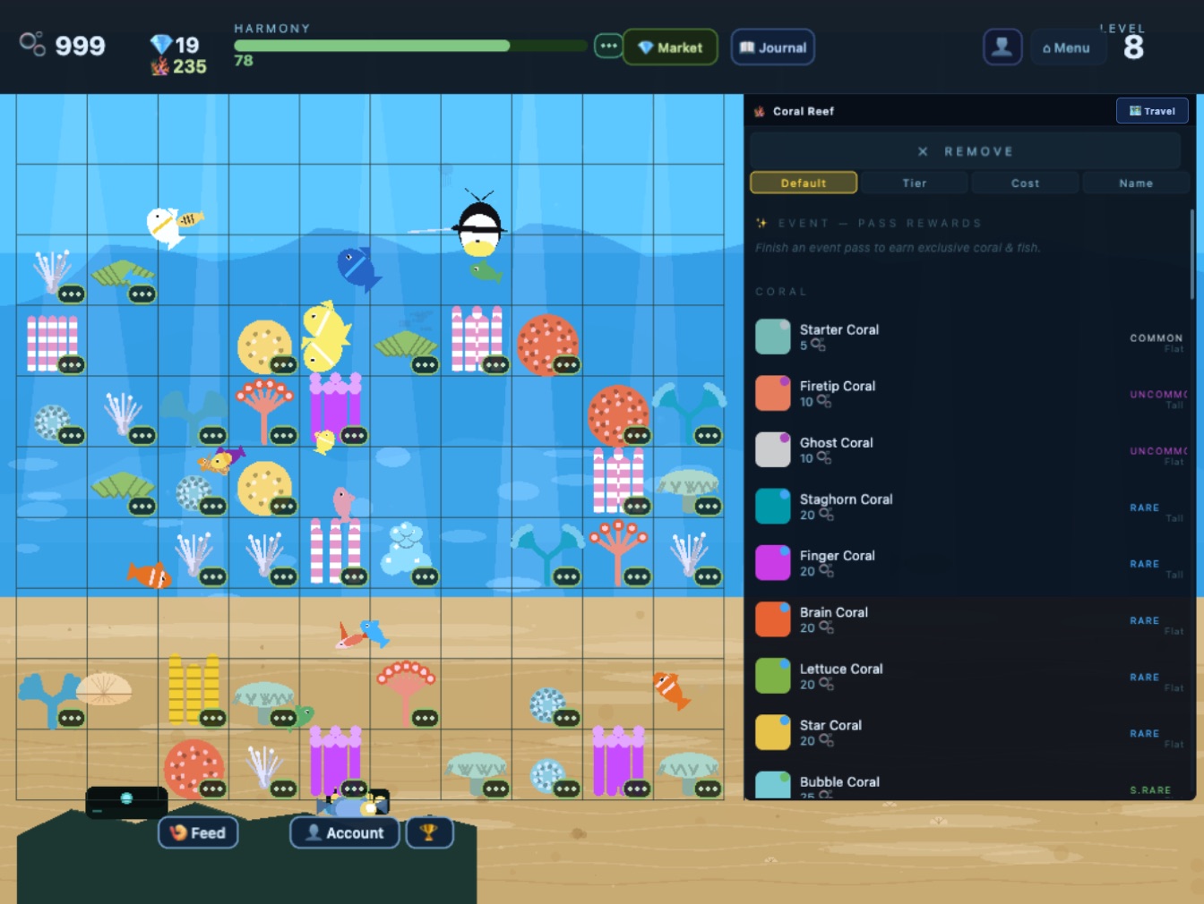 Reef Bloom Classic: a colorful 2D grid of coral with fish swimming among them