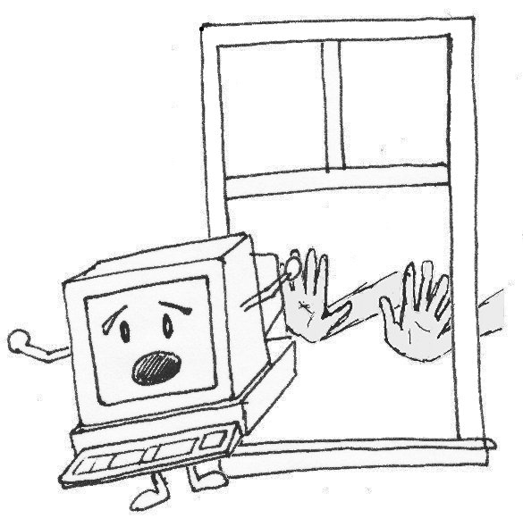 Hand-drawn studio logo: a worried computer being pushed out of an open window by a pair of hands