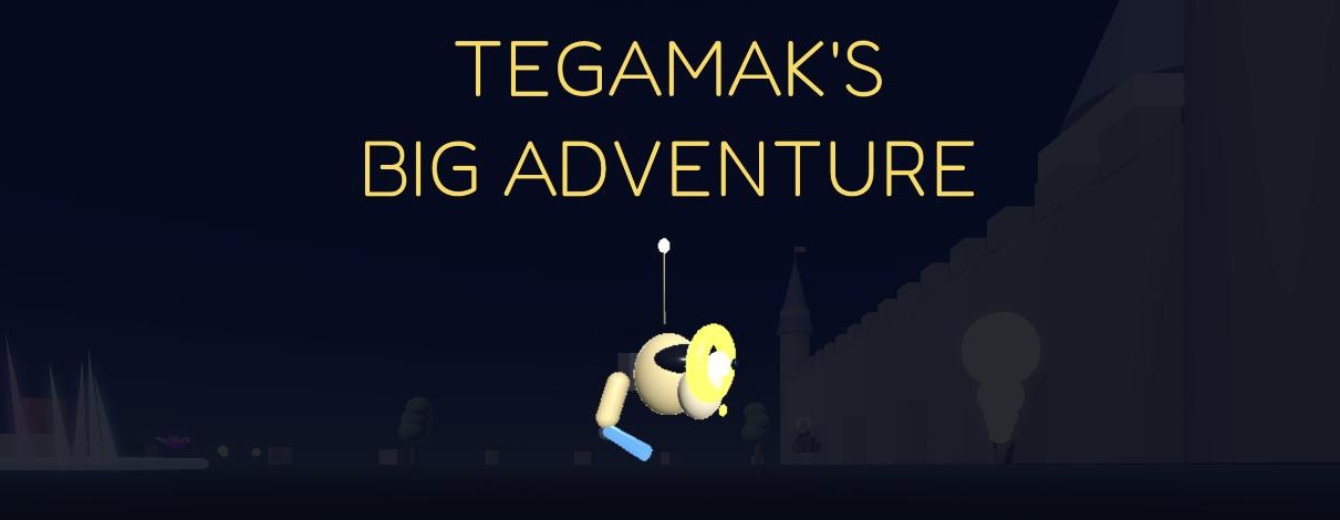 Tegamak's Big Adventure title screen: Tegamak the robot hovers in front of a moonlit castle